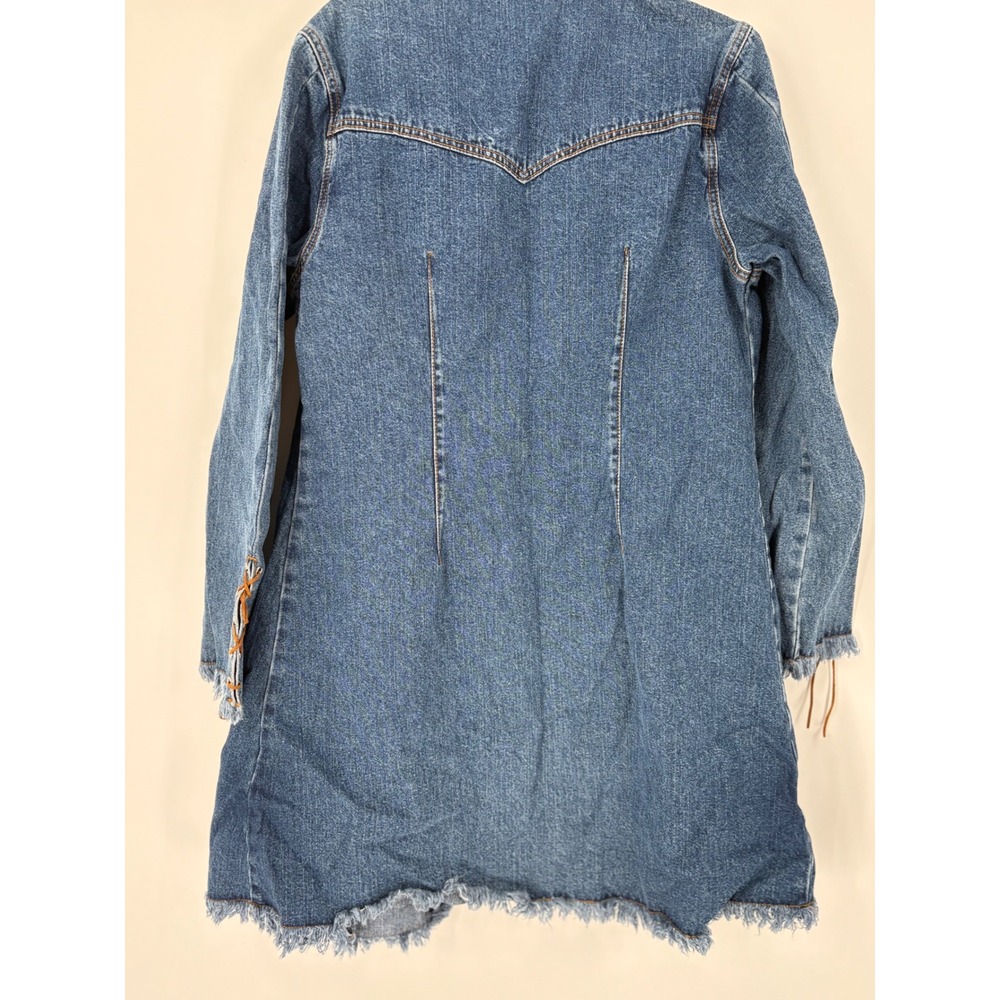 Ethyl Denim Duster Jacket Medium Wash Lace Up Frayed Hem Boho Western Size M - Picture 6 of 6